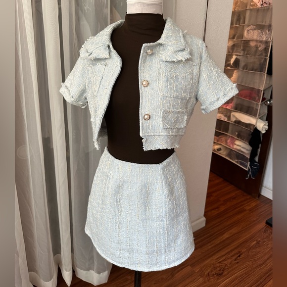 Two Piece Sky Blue Tweed Set - Picture 9 of 11